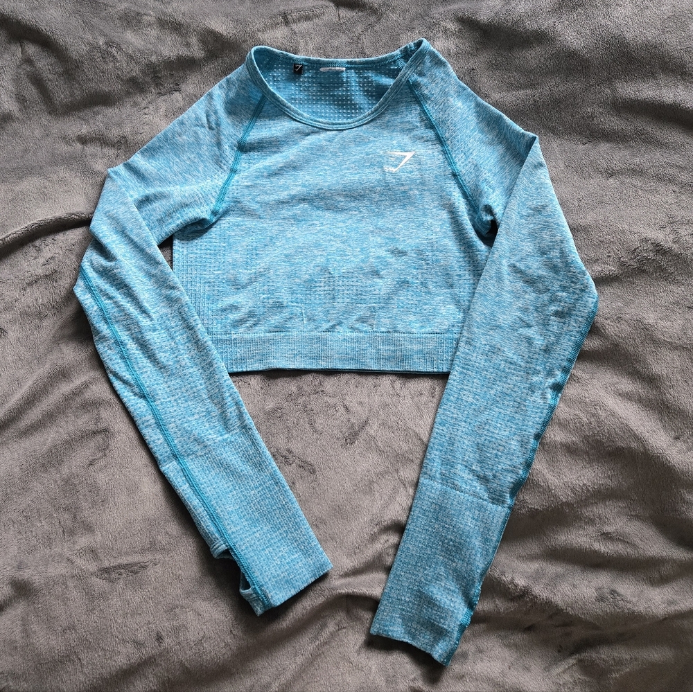 Gymshark Blue Seamless Cropped Long Sleeve Workout Top